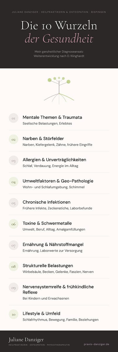 Infografik „Die 10 Wurzeln der Gesundheit“ von Juliane Danziger, Heilpraktikerin und Osteopathin in Bispingen. Unter einem stilisierten Baum stehen zehn nummerierte Bereiche untereinander, mentale Themen und Traumata, Narben und Störfelder, Allergien und Unverträglichkeiten, Umweltfaktoren und Geo-Pathologie, chronische Infektionen, Toxine und Schwermetalle, Ernährung und Nährstoffmangel, strukturelle Belastungen, Nervensystemreife und frühkindliche Reflexe sowie Lifestyle und Umfeld. Untertitel mein ganzheitlicher Diagnoseansatz, Weiterentwicklung nach D. Klinghardt.